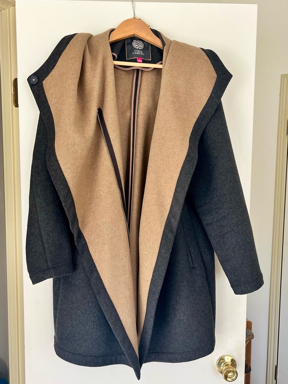 Vince Camuto Two-Tone Hooded Wool Wrap Coat in Charcoal & Camel
